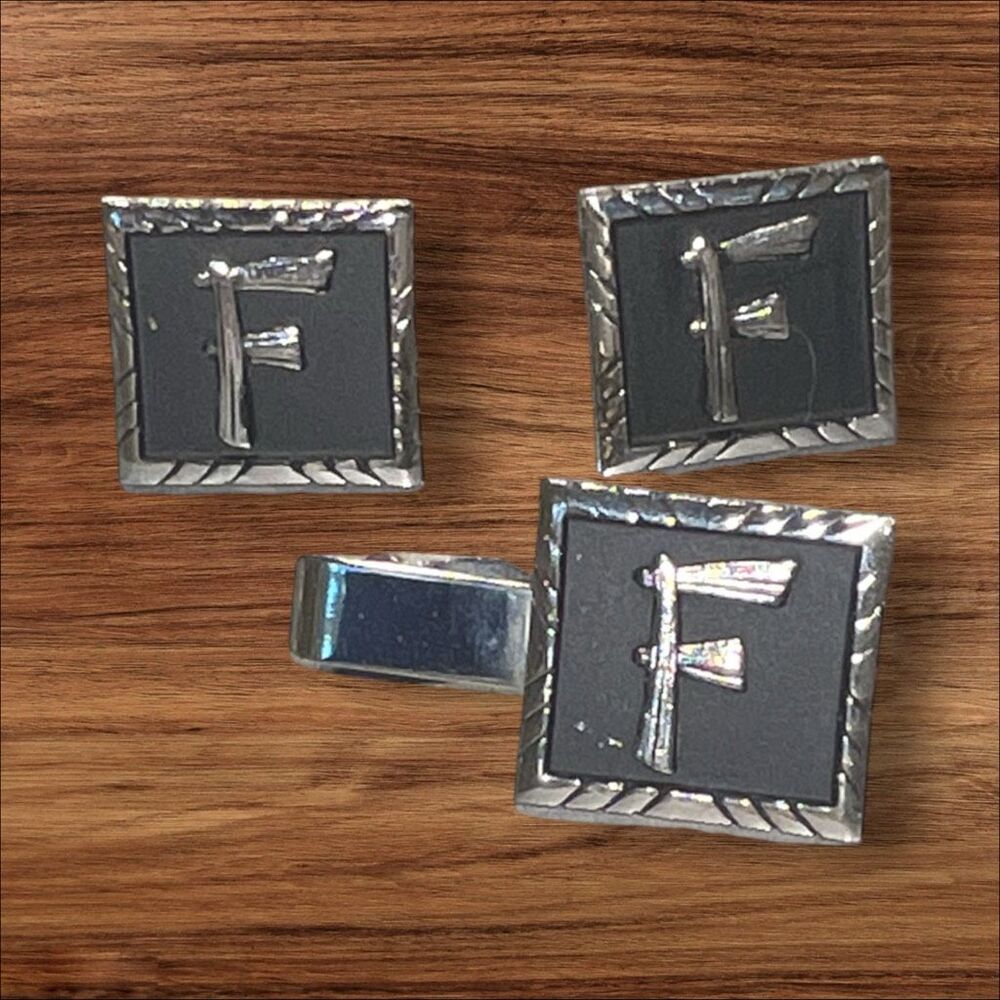 Vintage Initial F Cufflinks & Tie Clip Set Silver Tone Black